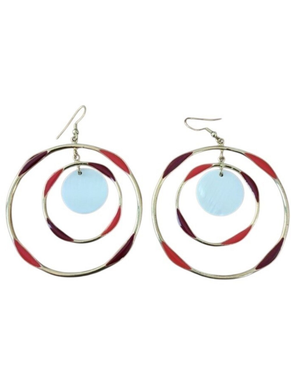 Fashion Hoop Drop Earrings with white Disc and Red Accents